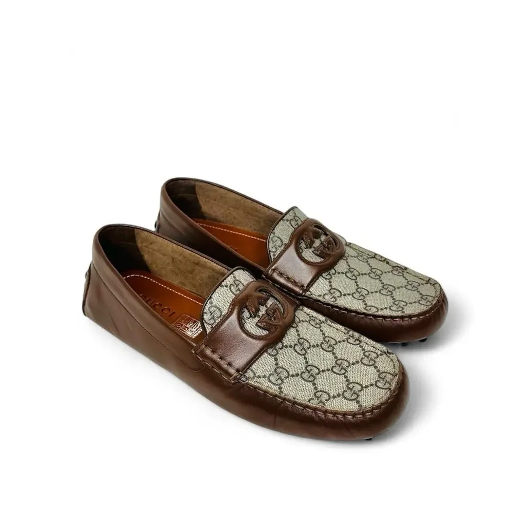 NIB Gucci Men Loafer 8.5 US 9 Brown GG Supreme Canvas Leather Driver Moccasins
